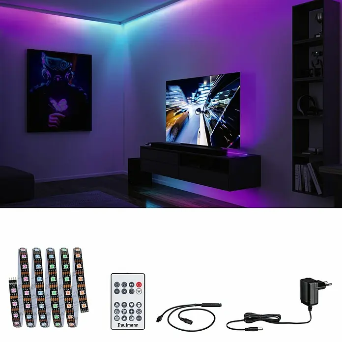 Paulmann LED-Stripes Dynamic Rainbow - Länge: 150 cm, RGB, 4,8 W - Stimmungsbeleuchtung im Wohnzimmer mit den LED-Streifen, Fernbedienung, Anschlusskabel und Netzteil von Paulmann für eine einfache Installation.