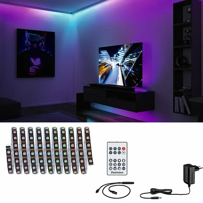 Paulmann LED-Stripes Dynamic Rainbow - Länge: 300 cm, RGB, 8,5 W - Produktfoto von Paulmann LED-Streifen mit Fernbedienung und Zubehör, ideal für stimmungsvolle Raumbeleuchtung.