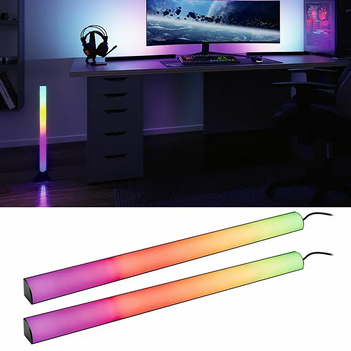 Paulmann LED-Lichtleiste - L x B x H: 60,5 x 3 x 3 cm, Lichtfarbe: RGB, 5 V, 2 Stk. - Stimmungsvolle LED-Leuchten für Gaming-Setups. Flexible Lichtleisten und eine Stehlampe erzeugen ein immersives Ambiente.