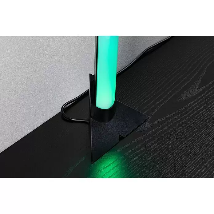 Paulmann Zubehör-Set Lightbar Base - Schwarz, 2 Stk. - Grüner LED-Lichtbalken mit schwarzem Fuß auf dunkler Holzoberfläche, grünes Licht spendend.