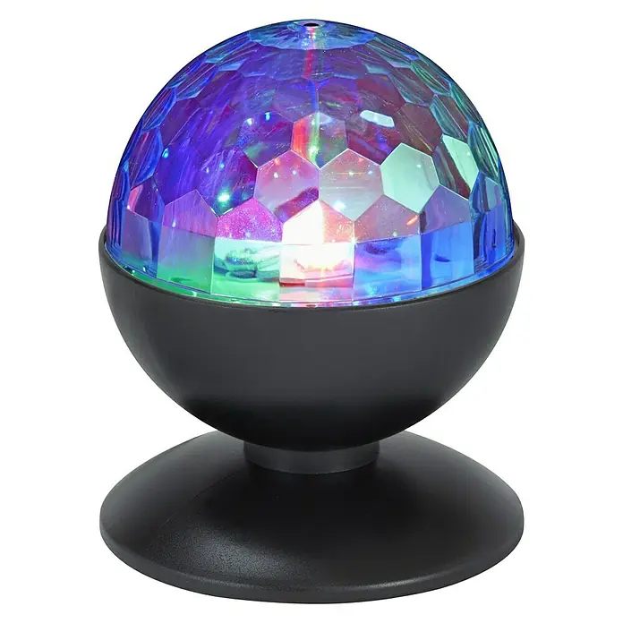 Briloner LED-Tischleuchte - 3 W, Höhe: 16 cm, RGB - Disco-Kugellampe mit bunten Lichtern auf einem schwarzen Ständer. Perfekt für Partys und Veranstaltungen, um eine festliche Atmosphäre zu schaffen.