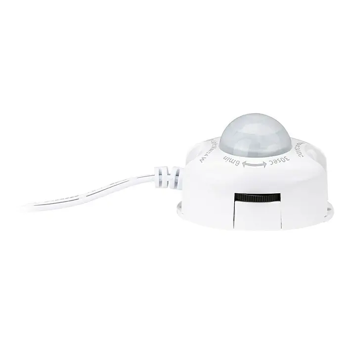 Paulmann Tira LED - Largo: 100 cm, Color de luz: Blanco cálido, 9 W - Primer plano de un sensor de movimiento blanco con dial de ajuste y cable. Ideal para el control automático de la iluminación.