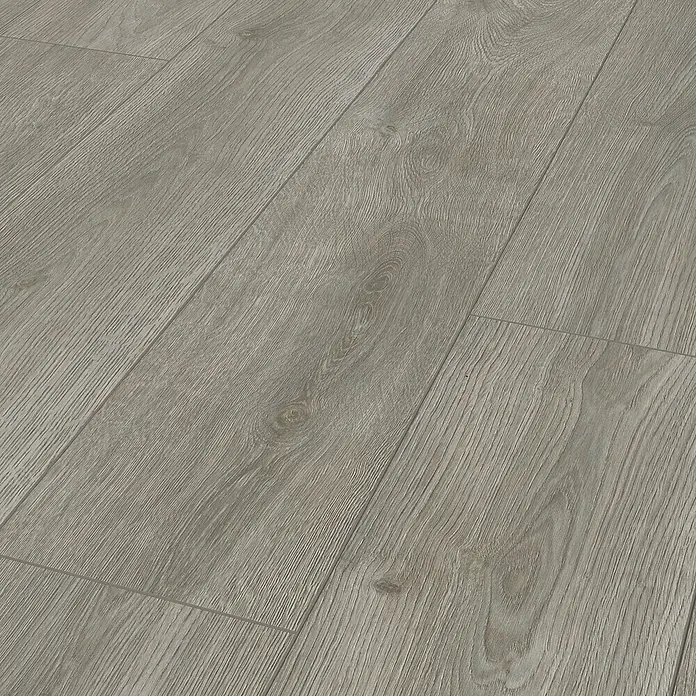 LOGOCLIC Aquaprotect Smart Silent Laminat - Calais Oak, Landhausdiele, 1.288 x 195 x 7 mm - Nahaufnahme eines Laminatbodens in grauem Holzdesign, der eine moderne und natürliche Optik vermittelt.\n