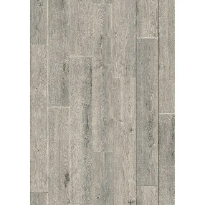 LOGOCLIC Aquaprotect Smart Silent Laminat - Calais Oak, Landhausdiele, 1.288 x 195 x 7 mm - Nahaufnahme eines Bodenbelags aus grauem Laminat mit Holzmaserung und Paneel-Design, ideal für moderne Innenräume.