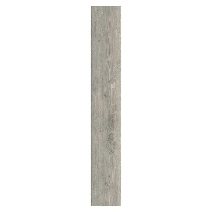 LOGOCLIC Aquaprotect Smart Silent Laminat Calais Oak1.288 x 195 x 7 mm, Landhausdiele, Calais Oak - Detailaufnahme einer Holzfliese in Grau mit Maserung und Astlöchern für Bodenbeläge.