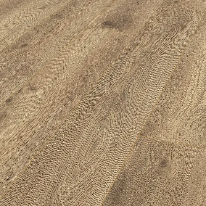 LOGOCLIC Aquaprotect Smart Silent Laminat - Ringa Oak, Landhausdiele, 1.288 x 195 x 7 mm - Nahaufnahme eines hellbraunen Laminatbodens mit sichtbarer Maserung und Textur für ein realistisches Aussehen.