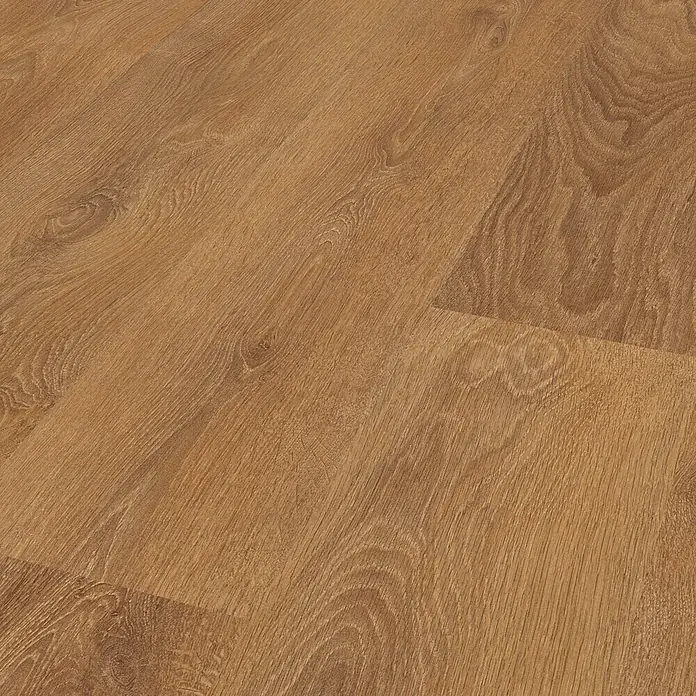 LOGOCLIC Aquaprotect Smart Silent Laminat - Corno Oak, Landhausdiele, 1.288 x 195 x 7 mm - Detailaufnahme eines Laminatbodens in warmen Brauntönen, der die natürliche Holzmaserung und Textur hervorhebt. Ideal für Wohnräume.
