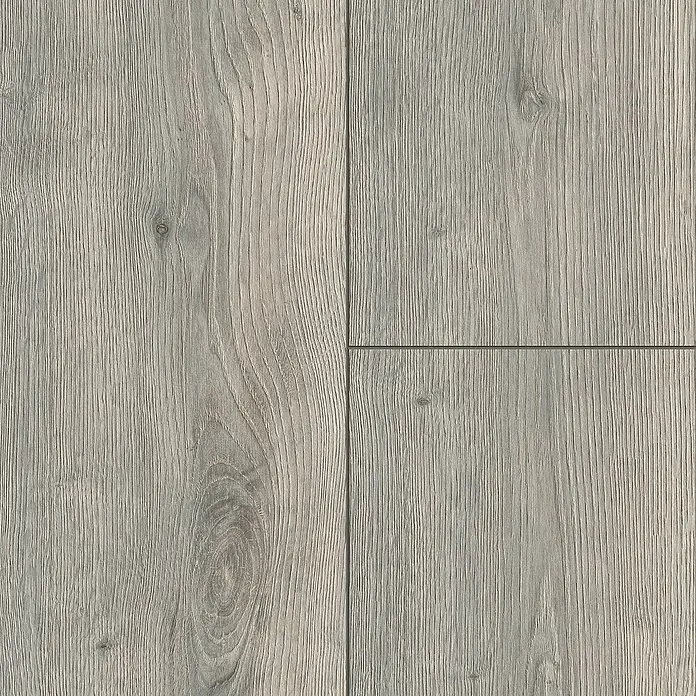 LOGOCLIC Aquaprotect Smart Silent Laminat Calais Oak1.288 x 195 x 7 mm, Landhausdiele, Calais Oak - Detailansicht von vier hellgrauen Holzdielen mit Maserung und Astlöchern, ideal für Bodenbeläge und Innenausbau.