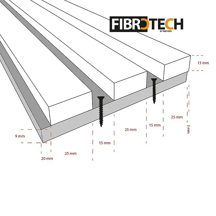 FibroTech Akustikpaneel Premium - Smoked Oak, 2.440 x 605 x 22 mm - Produktabbildung von FIBROTECH mit den Maßen 13 mm, 25 mm und 3 mm, sowie Schrauben zur Befestigung.