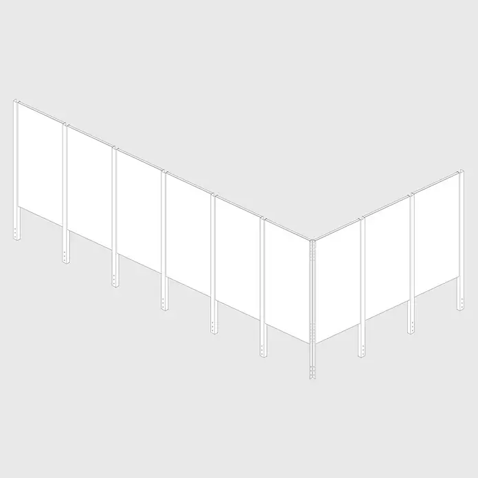 Palatino Space Vertical Zaun-Set Set Uni - 917 x 180 cm, Rost - Illustration einer weißen Raumtrennwand in L-Form mit mehreren Paneelen, ideal zur Strukturierung von Arbeitsbereichen oder als Sichtschutz.