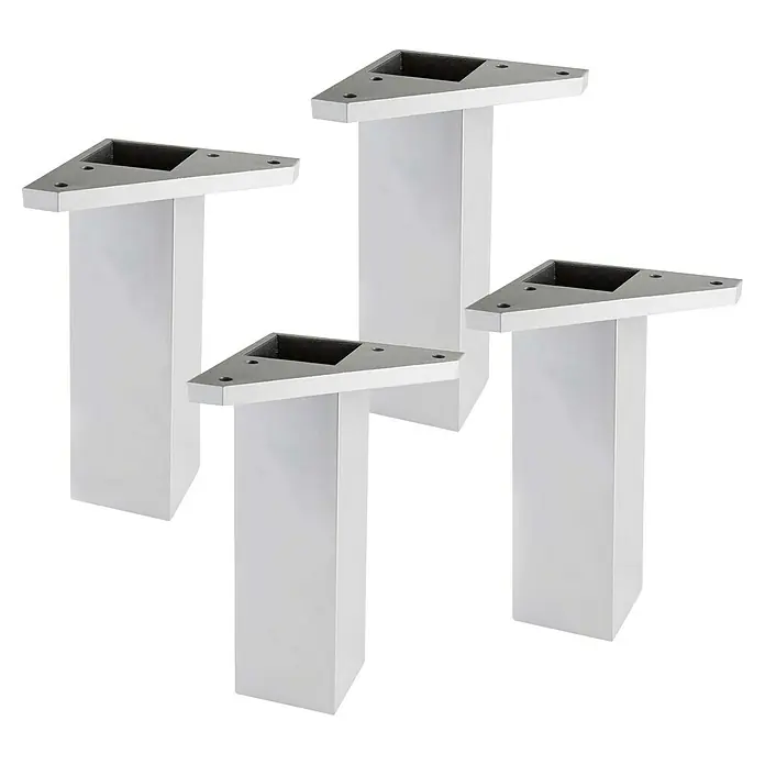 Rei Möbelfuß-Set - L x B x H: 4 x 4 x 15 cm, Aluminium, 4 Stk. - Ein Satz von vier modernen, weißen Möbelfüßen mit dreieckigen Montageplatten, ideal für DIY-Projekte und Möbeldesign.