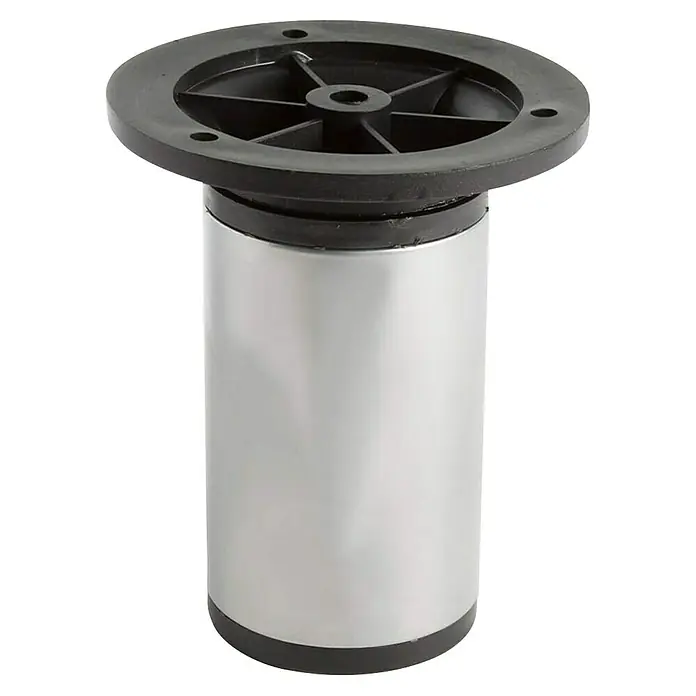 Rei Möbelfuß - Aluminium, Silber, Ø x L: 5 x 10 cm - Nahaufnahme eines Möbelfußes mit silbernem Zylinder und schwarzer Kunststoffhalterung. Ideal für Möbeldesign.