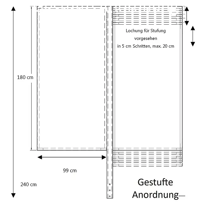 Palatino Zaunpfosten - Höhe: 240 cm, Rost, Cortenstahl, 2 Stk. - Abbildung eines stufenförmigen Regals mit Maßangaben und Details zur Lochung für die Stufeneinstellung.