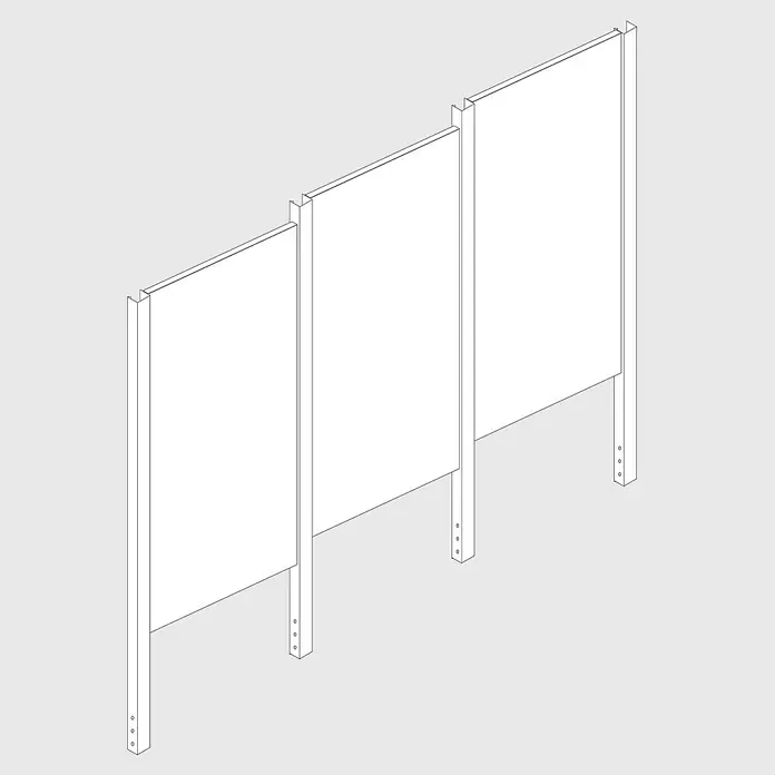 Palatino Space Vertical Zaun-Set Set Uni - 966 x 180 cm, Rost - Darstellung von drei Trennwänden mit Rahmenstruktur, ideal für Büro oder öffentliche Räume. Klare Linien und schlichtes Design.