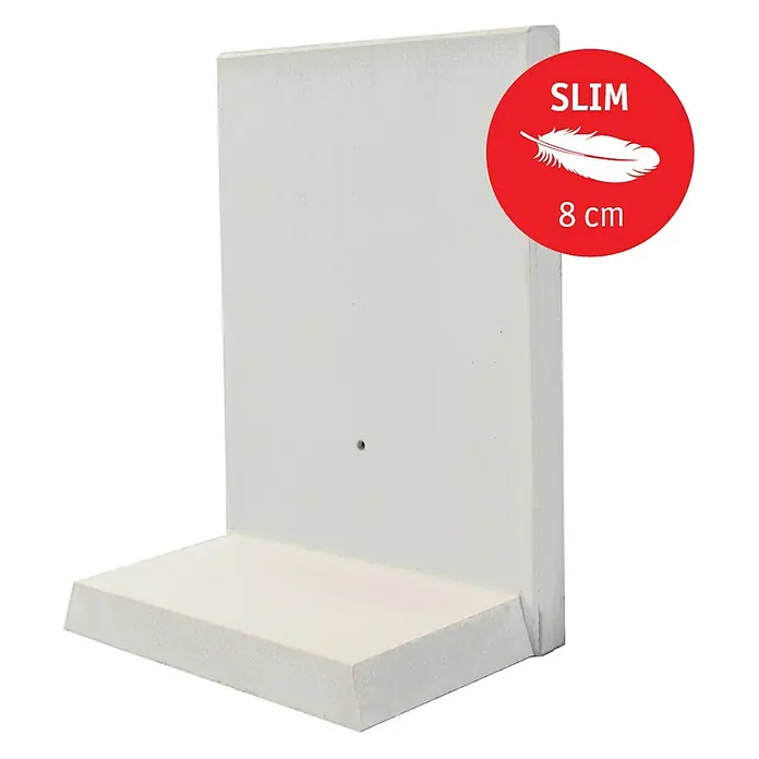 Diephaus L-Stein Slim - 130 cm, 100 cm, Stärke: 8 cm, Grau - Das Bild zeigt ein schlankes, weißes Wandregal mit einer roten "Slim"-Markierung und einem Feder-Symbol. Das Regal ist 8 cm tief und modern.
