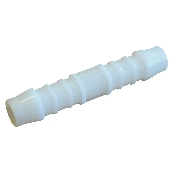Manguito de unión rápida Smplast - 8 mm - Un conector de manguera de plástico blanco y recto con extremos acanalados, utilizado para unir mangueras.