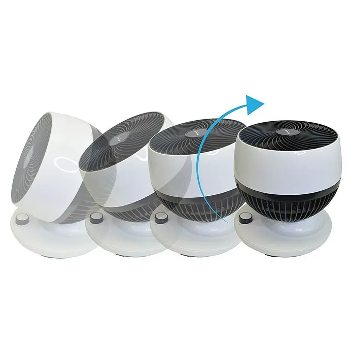 Purline Venty Ventilador de sobremesa TA 45 - Blanco y Negro, 27 cm - Los diferentes ángulos de un ventilador de torre blanco se representan en esta imagen. El ventilador tiene una función de giro para una circulación óptima del aire.