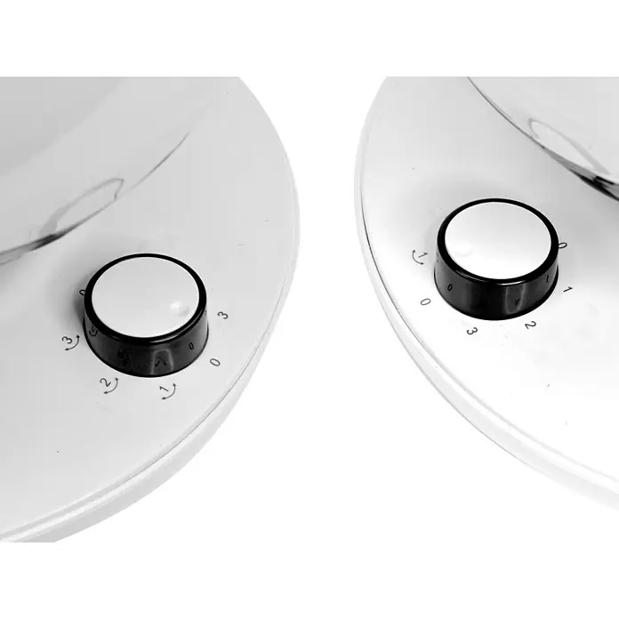 Purline Venty Ventilador de sobremesa TA 45 - Blanco y Negro, 27 cm - Dos interruptores rotativos blancos con un borde negro y los números 0-3.