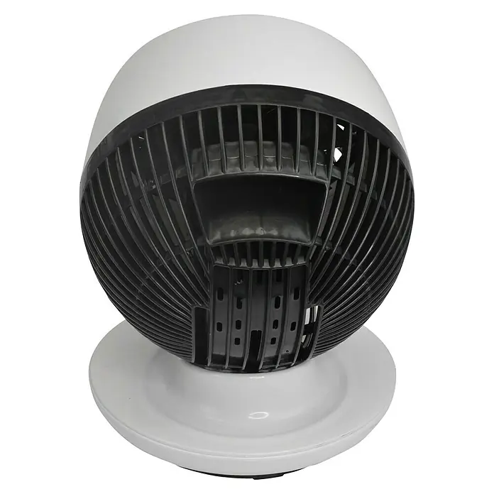 Purline Venty Ventilador de sobremesa TA 45 - Blanco y Negro, 27 cm - Vista de un calentador de espacio blanco y negro. El calefactor tiene un diseño redondo con una rejilla negra.