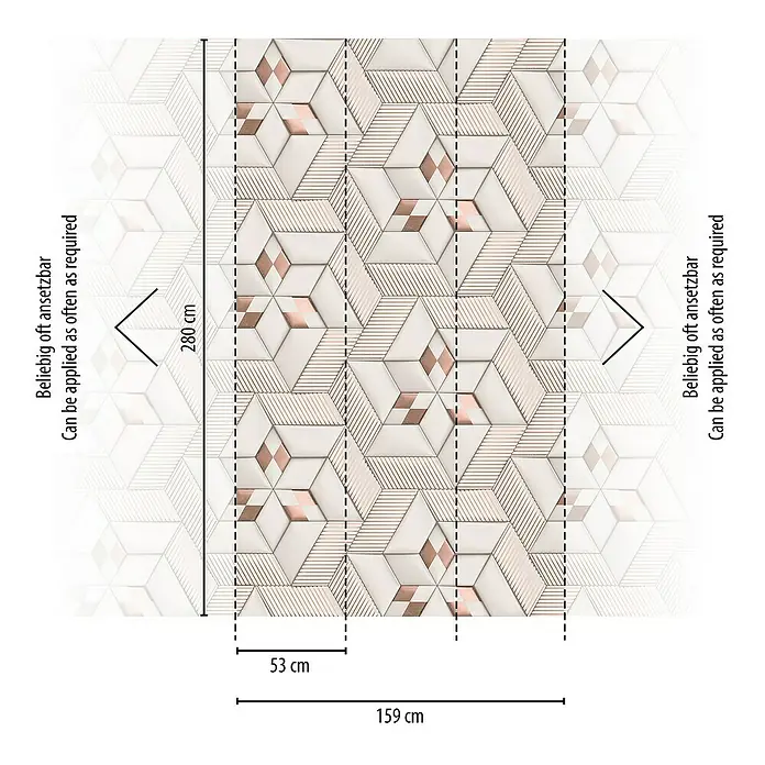 A.S. Création Metropolitan Stories Travel Styles Fototapete Sechseck - B x H: 1,59 x 2,8 m, Vlies, Creme - Ein Muster aus geometrischen Formen in Weiß und Roségold mit Maßangaben für eine Tapete oder einen Stoff.