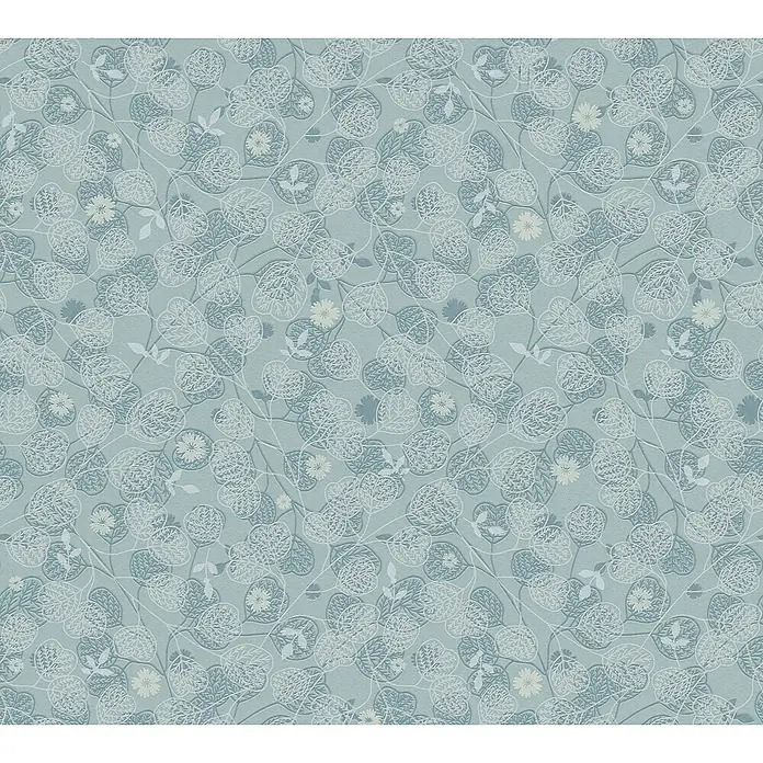 A.S. Création Metropolitan Stories Travel Styles Vliestapete Blätter-Allover II - Blau, Floral, 10,05 x 0,53 m - Stilvolles botanisches Muster-Design mit zarten Blättern und Blüten auf einem sanften, blauen Hintergrund für eine ruhige Atmosphäre.