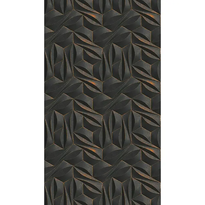 A.S. Création Metropolitan Stories Travel Styles Fototapete 3D-Grafik - B x H: 1,59 x 2,8 m, Vlies, Anthrazit/Gold - Das Bild zeigt eine abstrakte 3D-Wandpaneele mit einem dunklen Finish und goldenen Akzenten, die ein modernes Designelement darstellt.
