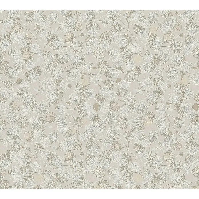 A.S. Création Metropolitan Stories Travel Styles Vliestapete Blätter-Allover II - Beige, Floral, 10,05 x 0,53 m - Ein elegantes Stoffmuster mit stilisierten Blättern in sanften Beige- und Weißtönen, ideal für stilvolle Heimtextilien und Dekorationen.
