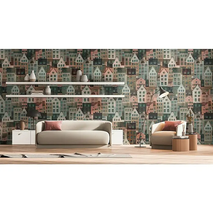 A.S. Création Metropolitan Stories Travel Styles Fototapete Stadt - B x H: 1,59 x 2,8 m, Vlies, Blau/Rot - Elegantes Wohnzimmer mit beigem Sofa, Sessel und Bücherregalen vor einer Tapete mit Hausmotiven.