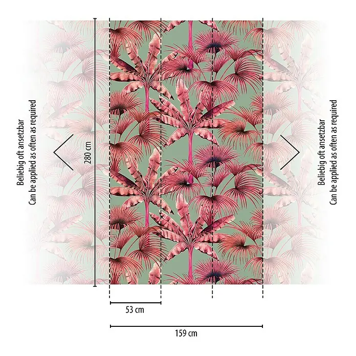 A.S. Création Metropolitan Stories Travel Styles Fototapete Palmen - B x H: 1,59 x 2,8 m, Vlies, Pink - Illustration eines Wandbildes mit rosa Palmen und Maßen für die Anbringung.