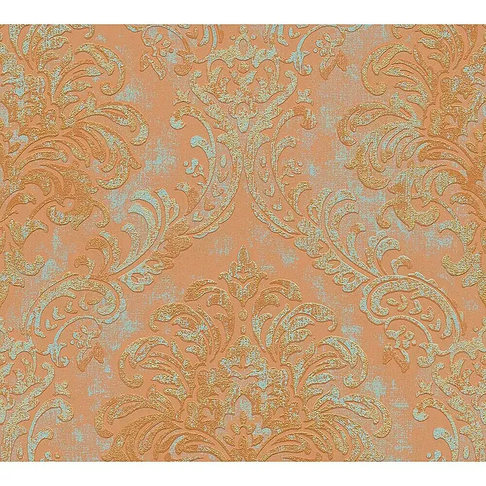 A.S. Création Metropolitan Stories Travel Styles Vliestapete DamaskOrange, Ornament, 10,05 x 0,53 m - Nahaufnahme einer gemusterten Tapete in Orange und Gold mit einem detaillierten, floralen Damastmuster.