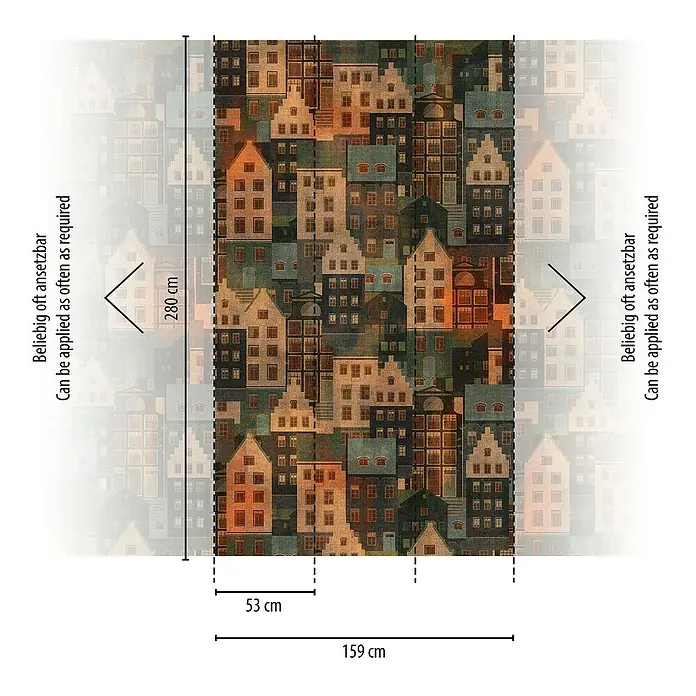 A.S. Création Metropolitan Stories Travel Styles Fototapete Stadt - B x H: 1,59 x 2,8 m, Vlies, Rot/Orange - Abbildung einer Tapete mit einem Muster aus Stadthäusern in verschiedenen Farben und Größen, wiederholbar.