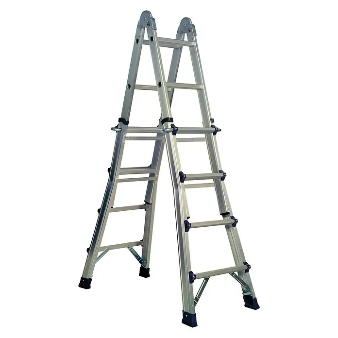 Escalera deslizante profesional - Número de peldaños: 16 ud., Altura de trabajo: 3,5 m, Carga soportada: 150 kg, Aluminio - Escalera de aluminio en forma de A, robusta y versátil para diversas tareas de altura en interiores y exteriores. Construcción estable para seguridad.