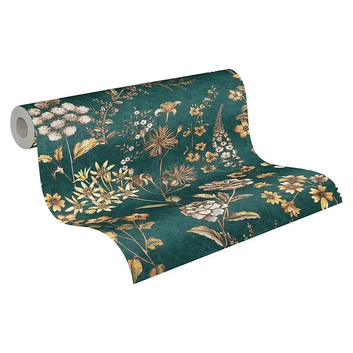 A.S. Création Metropolitan Stories Travel Styles Vliestapete Blumen II - Blau/Gelb, Floral, 10,05 x 0,53 m - Eine Rolle elegant gemusterter Tapete in dunklem Türkis mit goldenen Blumenmotiven, die ein anspruchsvolles Ambiente verspricht.