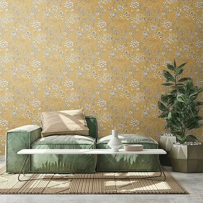 A.S. Création Metropolitan Stories Travel Styles Vliestapete Blumen II - Gelb, Floral, 10,05 x 0,53 m - Gelbe Tapete mit weißen/grauen komplexen Blumenmustern.