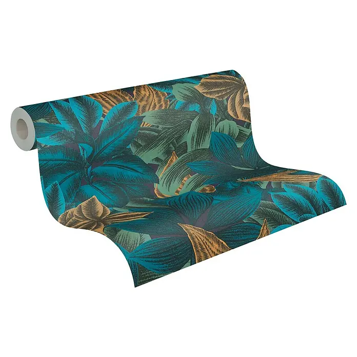 A.S. Création Metropolitan Stories Travel Styles Vliestapete - Blau/Grün, Floral, 10,05 x 0,53 m - Diese Rolle Dschungel-Tapete mit üppigen, stilisierten Blättern in Blau-, Grün- und Goldtönen bringt tropische Atmosphäre in jeden Raum.