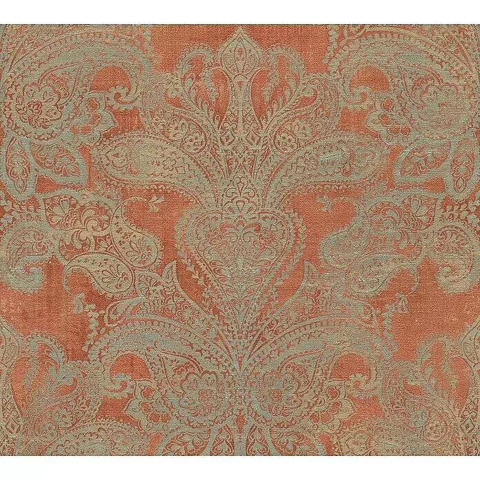 A.S. Création Metropolitan Stories Travel Styles Vliestapete Damask - Orange/Blau, Ornament, 10,05 x 0,53 m - Terrakottafarbenes strukturiertes Material mit aufwendigem hellfarbigem Paisleymuster.