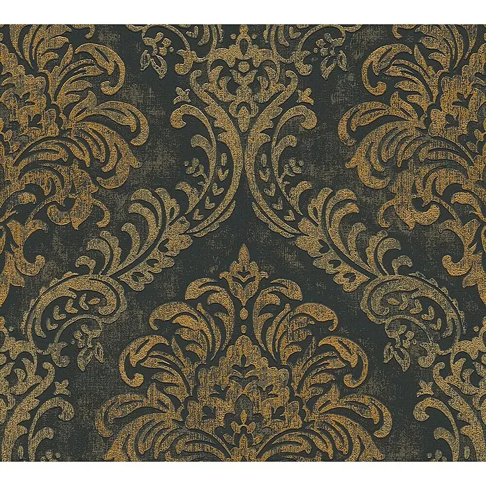 A.S. Création Metropolitan Stories Travel Styles Vliestapete Damask - Schwarz/Gold, Ornament, 10,05 x 0,53 m - Nahaufnahme eines stilvollen Damastmusters in Gold auf dunklem Hintergrund, ideal für Wanddekoration.