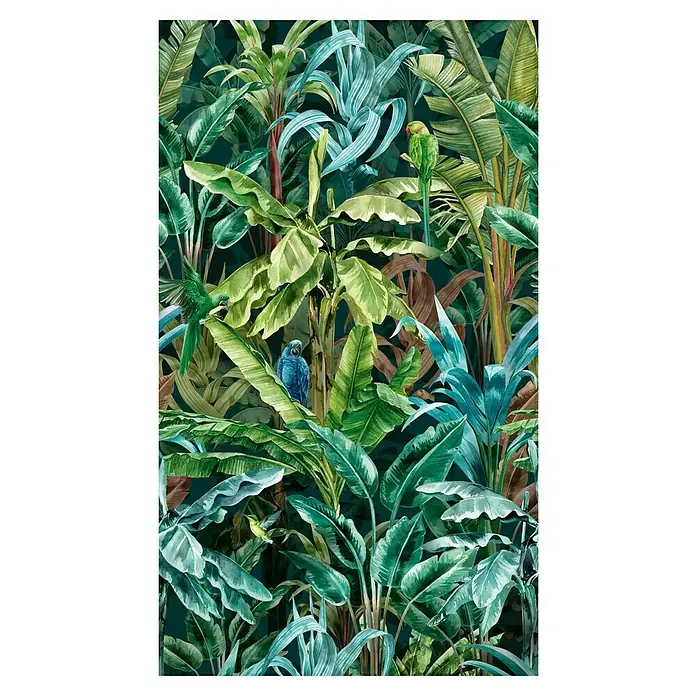 A.S. Création Metropolitan Stories Travel Styles Fototapete Grüner Dschungel - B x H: 1,59 x 2,8 m, Vlies, Grün/Blau - Detailliertes Dschungel-Wandbild mit üppiger Flora und lebendigen Papageien, perfekt für eine tropische Atmosphäre in jedem Raum.