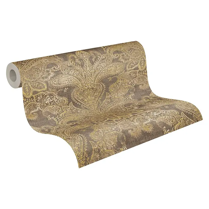 A.S. Création Metropolitan Stories Travel Styles Vliestapete Damask - Gold/Braun, Ornament, 10,05 x 0,53 m - Eine Rolle stilvolle Vliestapete mit einem edlen Paisley-Muster in Goldtönen, perfekt für eine elegante Wandgestaltung.