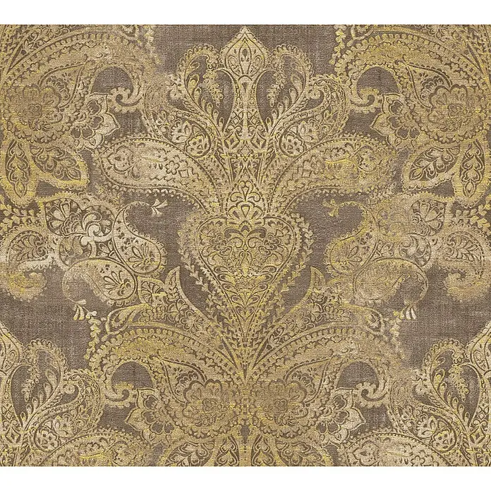 A.S. Création Metropolitan Stories Travel Styles Vliestapete DamaskGold/Braun, Ornament, 10,05 x 0,53 m - Elegantes Tapetenmuster mit einem kunstvollen, goldfarbenen Paisley-Design auf einem strukturierten, braunen Hintergrund für stilvolle Wandgestaltung.
