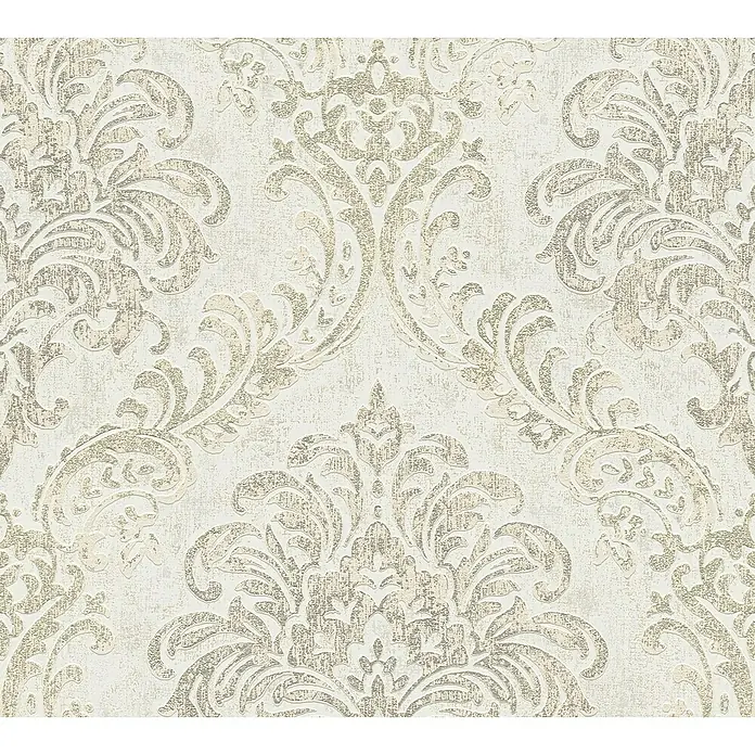 A.S. Création Metropolitan Stories Travel Styles Vliestapete DamaskWeiß/Silber, Ornament, 10,05 x 0,53 m - Elegante Tapete mit einem klassischen Damastmuster in zarten Beige- und Grautönen, die jedem Raum einen Hauch von Luxus verleiht.