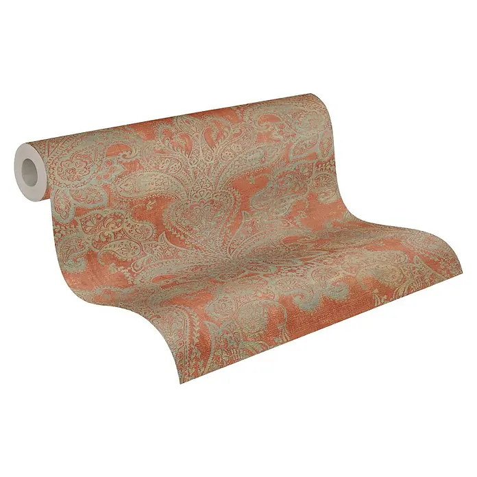 A.S. Création Metropolitan Stories Travel Styles Vliestapete Damask - Orange/Blau, Ornament, 10,05 x 0,53 m - Rolle orientalisch gemusterter Tapete in Pfirsichfarbe mit silbernen Akzenten, ideal für einen stilvollen Look.
