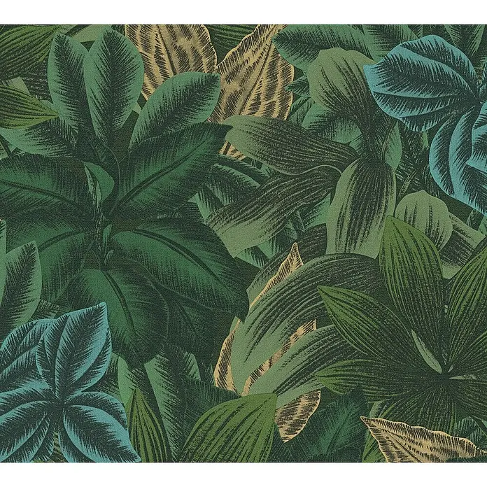 A.S. Création Metropolitan Stories Travel Styles Vliestapete - Grün/Gelb, Floral, 10,05 x 0,53 m - Tropische Tapete mit üppigem Blattmuster in Grün-, Blau- und Goldtönen, die eine exotische und natürliche Atmosphäre schafft.