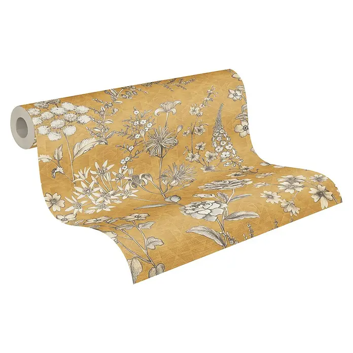A.S. Création Metropolitan Stories Travel Styles Vliestapete Blumen II - Gelb, Floral, 10,05 x 0,53 m - Eine Rolle floral gemusterte Tapete in Goldtönen. Elegantes Design für stilvolle Wanddekoration mit feinen Blütenzeichnungen.