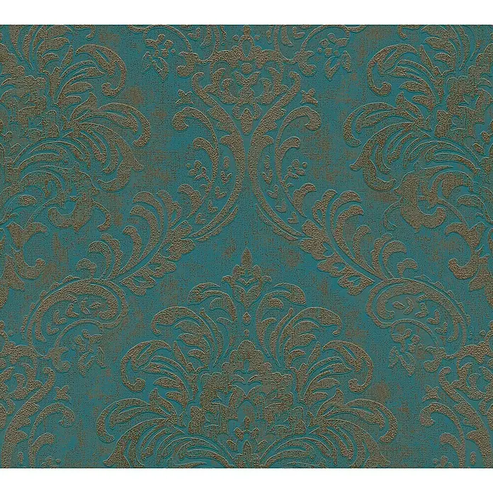 A.S. Création Metropolitan Stories Travel Styles Vliestapete Damask - Blau/Gold, Ornament, 10,05 x 0,53 m - Dekorative Tapete mit einem floralen Damastmuster in Türkis und Goldbraun, ideal für elegante Raumgestaltung und stilvolle Akzente.