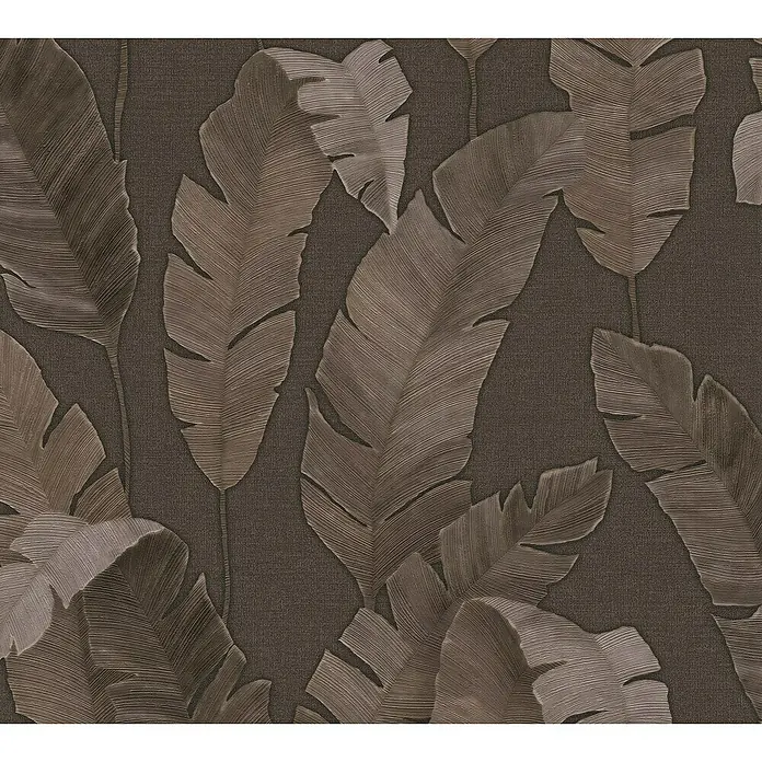 A.S. Création Metropolitan Stories Travel Styles VliestapeteBraun, Floral, 10,05 x 0,53 m - Nahaufnahme von brauner Blättertapete mit geprägtem Blätterdesign, die eine natürliche und elegante Note verleiht.