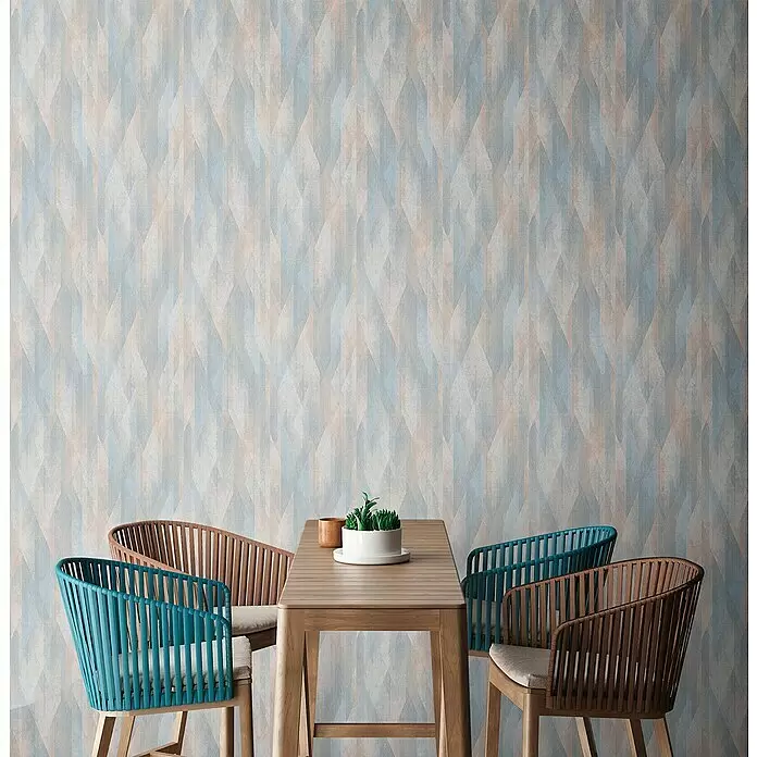 A.S. Création Metropolitan Stories Travel Styles Vliestapete Vintage - Blau/Creme, Grafisch, 10,05 x 0,53 m - Abstrakte geometrische Tapete in gedämpften Blau-, Grau- und Pfirsichtönen, die ein Zimmer aufwertet.