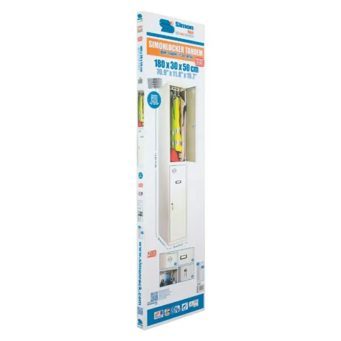 Simonrack Simonlocker Taquilla Tandem Inicial Desmontada - L x An x Al: 30 x 50 x 180 cm, Número de puertas: 2 ud., Gris/Gris - Un armario Simonlocker Tandem en su embalaje, ideal para guardar ropa y objetos personales.