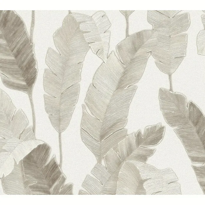 A.S. Création Metropolitan Stories Travel Styles VliestapeteCreme/Beige, Floral, 10,05 x 0,53 m - Detailansicht einer strukturierten Tapete mit Blättermuster in neutralen Farben, die eine subtile, natürliche Eleganz ausstrahlt.