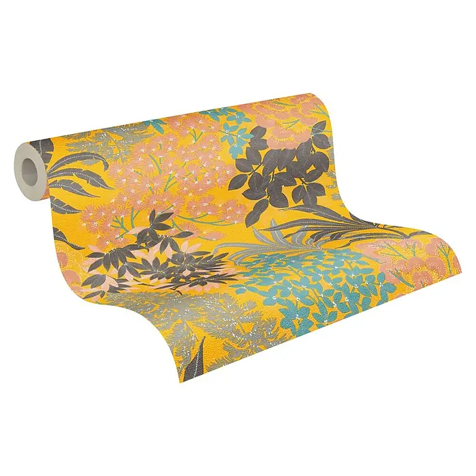 A.S. Création Metropolitan Stories Travel Styles Vliestapete Blumen I - Gelb, Floral, 10,05 x 0,53 m - Gelbe Tapetenrolle mit Blumendesign.
